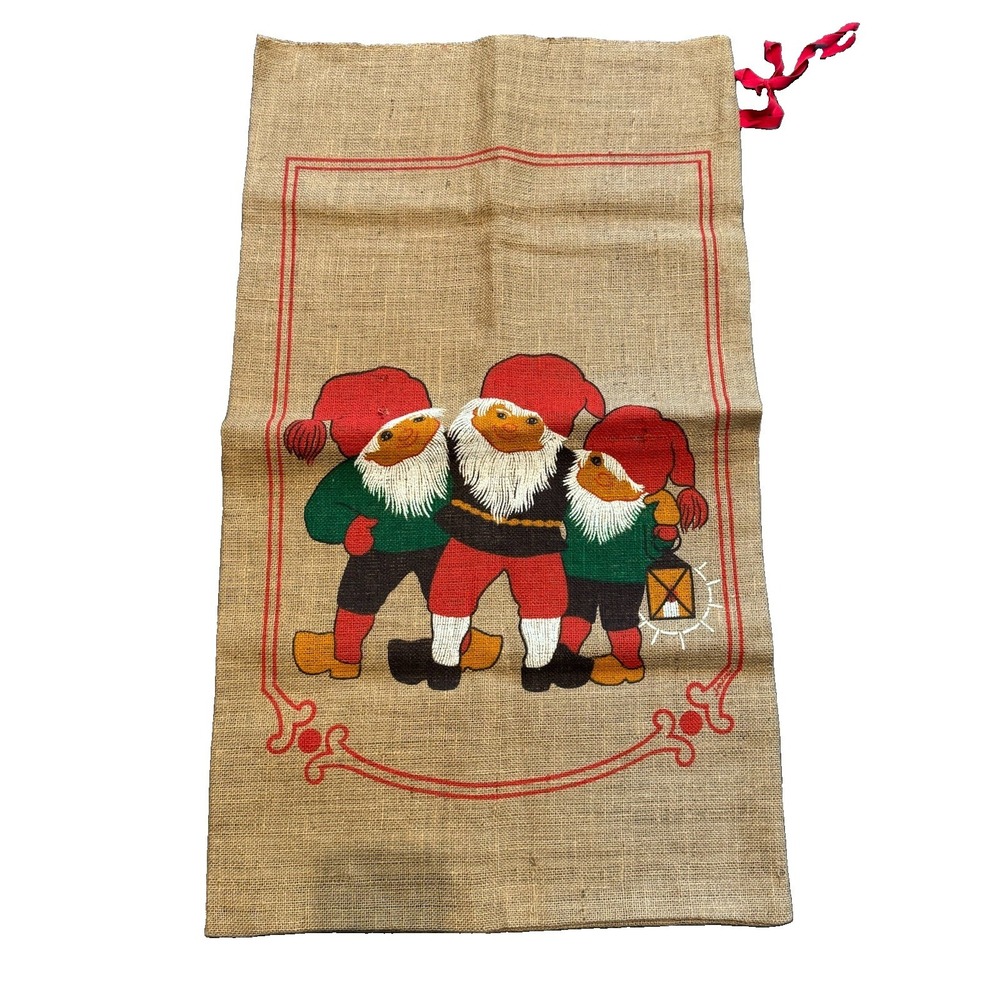 VTG Christmas Swedish Gnomes / Elves Burlap Sack‎ 24" X 41"